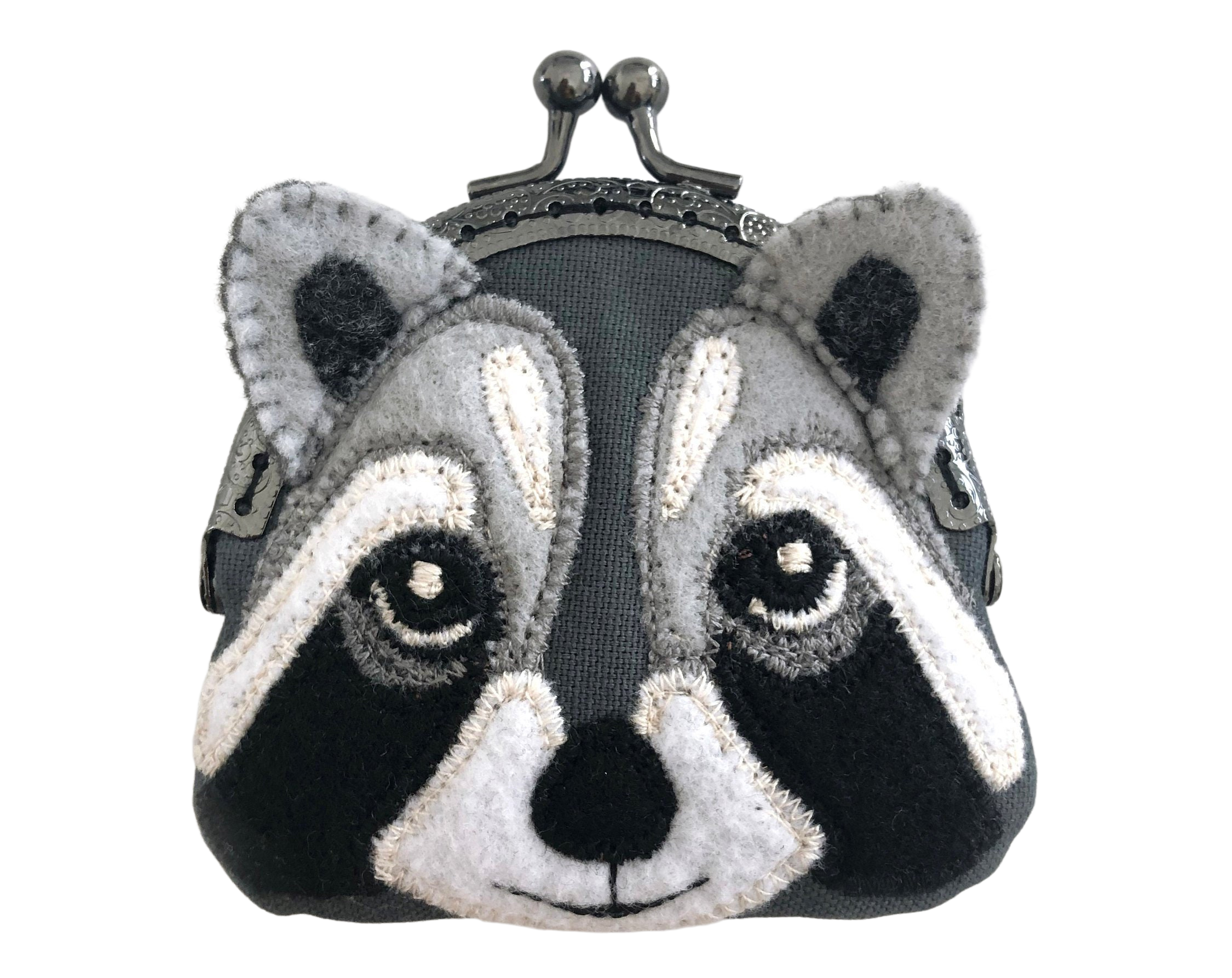 Grey Raccoon Fabric Kiss Lock Coin Purse